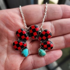 Handmade Red and Black Checker Inlay Necklace with Turquoise Accents